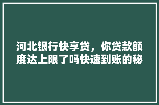 河北银行快享贷，你贷款额度达上限了吗快速到账的秘密
