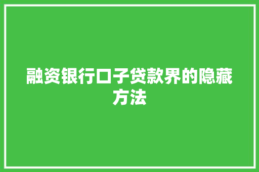 融资银行口子贷款界的隐藏方法