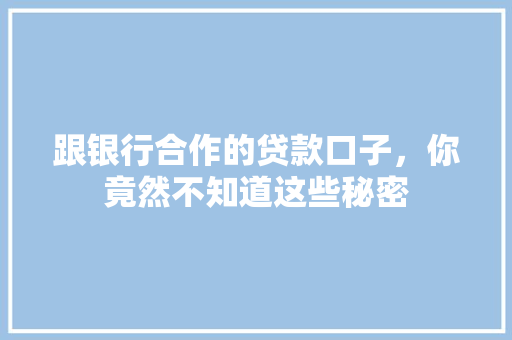 跟银行合作的贷款口子，你竟然不知道这些秘密