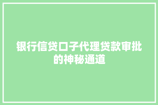 银行信贷口子代理贷款审批的神秘通道