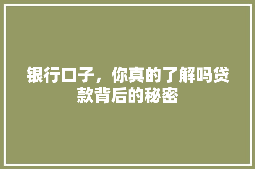 银行口子，你真的了解吗贷款背后的秘密