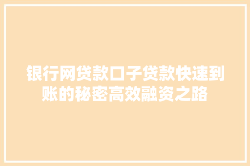 银行网贷款口子贷款快速到账的秘密高效融资之路