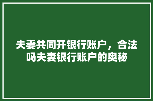 夫妻共同开银行账户，合法吗夫妻银行账户的奥秘