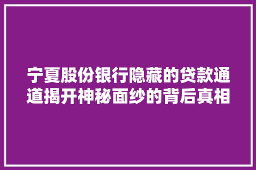 宁夏股份银行隐藏的贷款通道揭开神秘面纱的背后真相